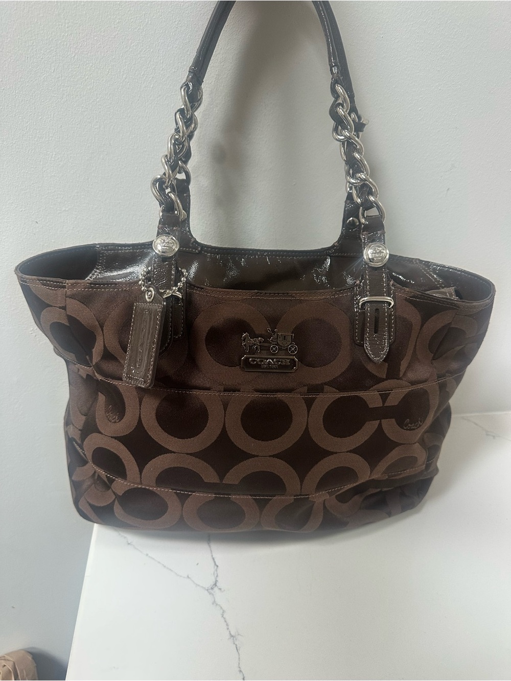 Coach Brown Signature Canvas Tote with Patent Trim with hangtag